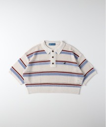 【BEVERLY HILLS POLO CLUB】マルチボーダーポロセーター (メッシュ編み / レトロ配色 / 短丈 / 襟付きニット / レイヤード)