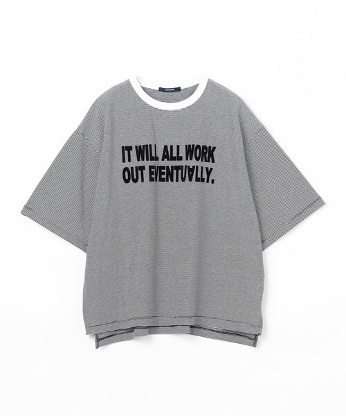 Grand PARK(グランドパーク)の「ミジンボーダーフロッキーロゴTシャツ(Tシャツ/カットソー・レディース・キャメル/ブラック/ブルー・FREE)」の1枚目の写真