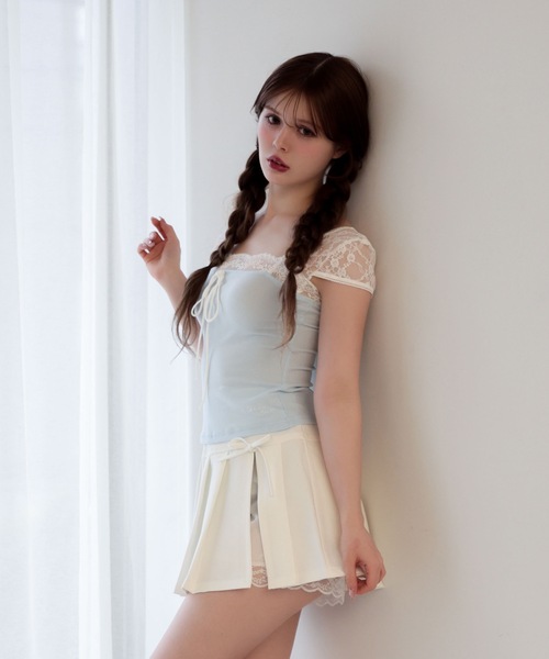 M DOLLY(エムドリー)の「Lace french annie ribbon tops / レースフレンチアニーリボントップス(Tシャツ/カットソー・レディース・ネイビー/ライトブルー・FREE)」の3枚目の写真