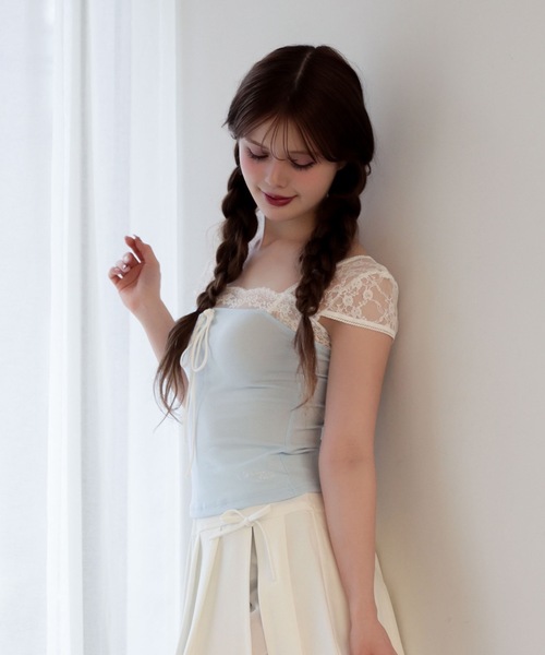 M DOLLY(エムドリー)の「Lace french annie ribbon tops / レースフレンチアニーリボントップス(Tシャツ/カットソー・レディース・ネイビー/ライトブルー・FREE)」の4枚目の写真