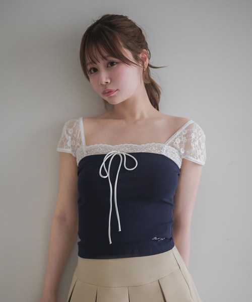 M DOLLY(エムドリー)の「Lace french annie ribbon tops / レースフレンチアニーリボントップス(Tシャツ/カットソー・レディース・ネイビー/ライトブルー・FREE)」の9枚目の写真