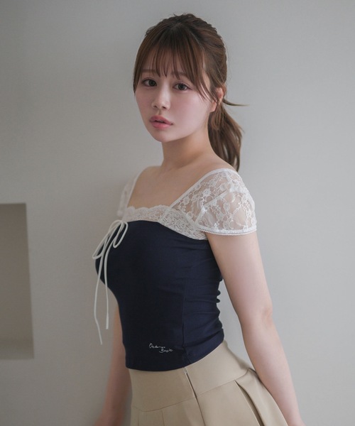 M DOLLY(エムドリー)の「Lace french annie ribbon tops / レースフレンチアニーリボントップス(Tシャツ/カットソー・レディース・ネイビー/ライトブルー・FREE)」の10枚目の写真