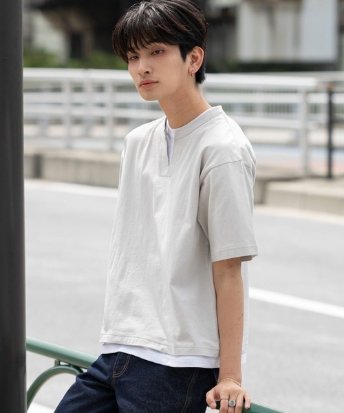 WEGO(ウィゴー)の「WEGO/【26年春夏新作】フェイクレイヤードキーネックT(ポロシャツ・メンズ・ライトグレー/スミクロ・MEDIUM/LARGE)」の18枚目の写真