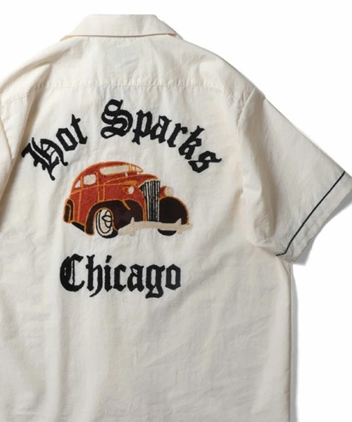 HOUSTON(ヒューストン)の「HOUSTON ヒューストン HOT SPARKS EMB BROAD BOWLING S/S SHIRT ホットスパークス ロゴ チェーン刺繍 ボウリングシャツ 半袖 / オープンカラーシャツ / 開襟シャツ(シャツ/ブラウス・メンズ・グリーン/オフホワイト/ブラック・M/L/XL)」の2枚目の写真
