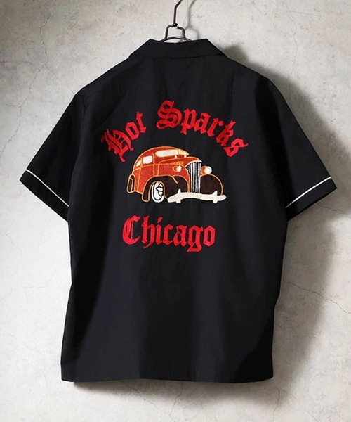HOUSTON(ヒューストン)の「HOUSTON ヒューストン HOT SPARKS EMB BROAD BOWLING S/S SHIRT ホットスパークス ロゴ チェーン刺繍 ボウリングシャツ 半袖 / オープンカラーシャツ / 開襟シャツ(シャツ/ブラウス・メンズ・グリーン/オフホワイト/ブラック・M/L/XL)」の4枚目の写真