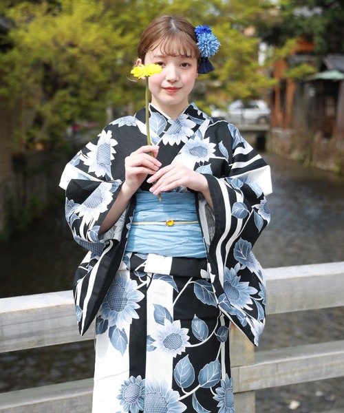 綿麻浴衣3点セット「浴衣・へこ帯・下駄」（浴衣）｜和なでしこ