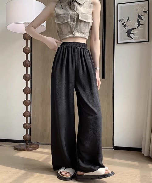 Miniministore(ミニミニストア)の「セミワイドパンツ レディース 無地 薄手(デニムパンツ・レディース・ミント/チェリーピンク/イエロー×グリーン/アイボリー/ブラック・M/XL/L)」の6枚目の写真