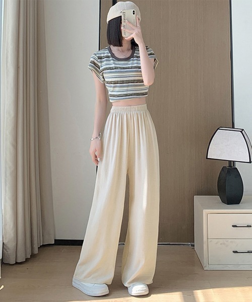 Miniministore(ミニミニストア)の「セミワイドパンツ レディース 無地 薄手(デニムパンツ・レディース・ミント/チェリーピンク/イエロー×グリーン/アイボリー/ブラック・M/XL/L)」の12枚目の写真