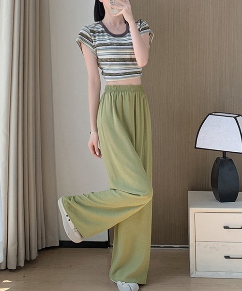 Miniministore(ミニミニストア)の「セミワイドパンツ レディース 無地 薄手(デニムパンツ・レディース・ミント/チェリーピンク/イエロー×グリーン/アイボリー/ブラック・M/XL/L)」の14枚目の写真