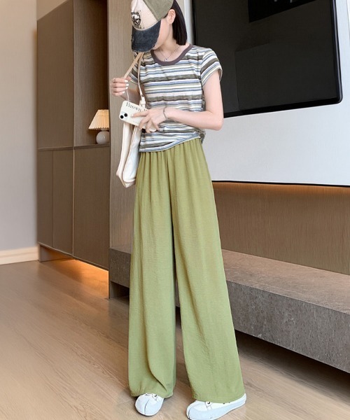 Miniministore(ミニミニストア)の「セミワイドパンツ レディース 無地 薄手(デニムパンツ・レディース・ミント/チェリーピンク/イエロー×グリーン/アイボリー/ブラック・M/XL/L)」の15枚目の写真