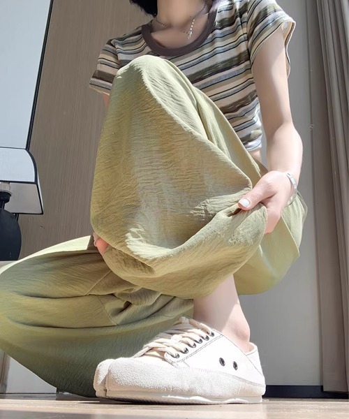 Miniministore(ミニミニストア)の「セミワイドパンツ レディース 無地 薄手(デニムパンツ・レディース・ミント/チェリーピンク/イエロー×グリーン/アイボリー/ブラック・M/XL/L)」の16枚目の写真