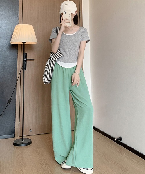 Miniministore(ミニミニストア)の「セミワイドパンツ レディース 無地 薄手(デニムパンツ・レディース・ミント/チェリーピンク/イエロー×グリーン/アイボリー/ブラック・M/XL/L)」の17枚目の写真
