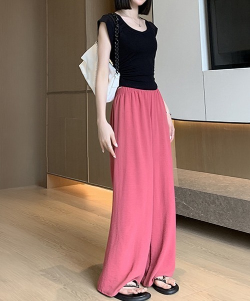 Miniministore(ミニミニストア)の「セミワイドパンツ レディース 無地 薄手(デニムパンツ・レディース・ミント/チェリーピンク/イエロー×グリーン/アイボリー/ブラック・M/XL/L)」の20枚目の写真