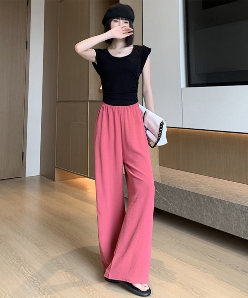 Miniministore(ミニミニストア)の「セミワイドパンツ レディース 無地 薄手(デニムパンツ・レディース・ミント/チェリーピンク/イエロー×グリーン/アイボリー/ブラック・M/XL/L)」の21枚目の写真