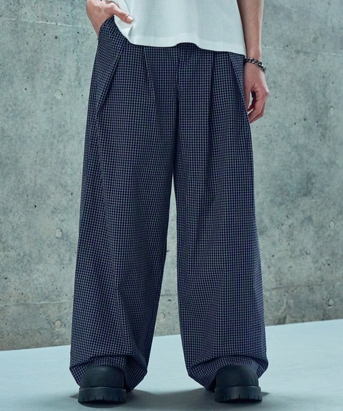 LANDNESS(ランドネス)の「【LANDNESS/ランドネス】Deep Tuck Wide Check Trousers/ディープタックワイドチェックスラックス(スラックス・メンズ・ネイビー/グレー・S/M/L)」の3枚目の写真