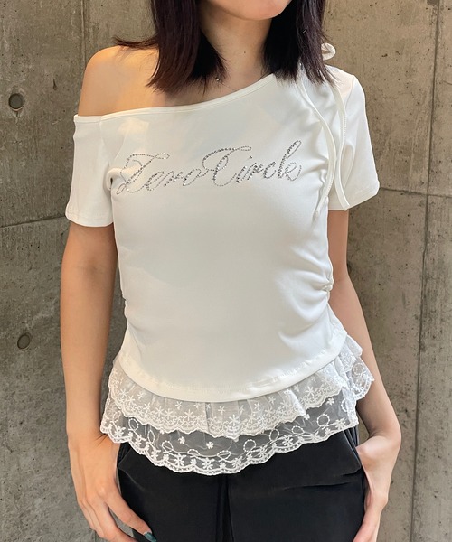 ROGER AND RAW(ロジャーアンドロウ)の「フリルレース ラインストーンロゴTシャツ(Tシャツ/カットソー・レディース・ホワイト/ブラック/グレー・FREE)」の1枚目の写真