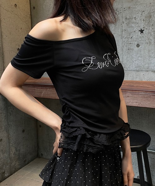 ROGER AND RAW(ロジャーアンドロウ)の「フリルレース ラインストーンロゴTシャツ(Tシャツ/カットソー・レディース・ホワイト/ブラック/グレー・FREE)」の12枚目の写真