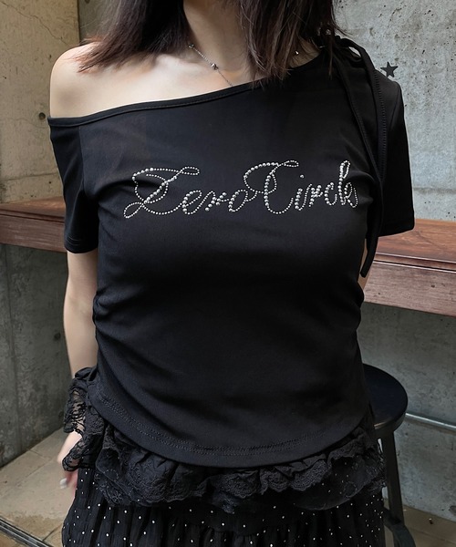 ROGER AND RAW(ロジャーアンドロウ)の「フリルレース ラインストーンロゴTシャツ(Tシャツ/カットソー・レディース・ホワイト/ブラック/グレー・FREE)」の8枚目の写真