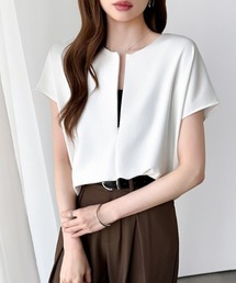 前後2WAY ハーフジップトップス ハーフジップ カットソー Tシャツ ストレッチ ジップ 半袖 フレンチスリーブ レイヤード ラウンドヘム 春服 夏服