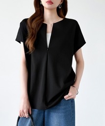 前後2WAY ハーフジップトップス ハーフジップ カットソー Tシャツ ストレッチ ジップ 半袖 フレンチスリーブ レイヤード ラウンドヘム 春服 夏服