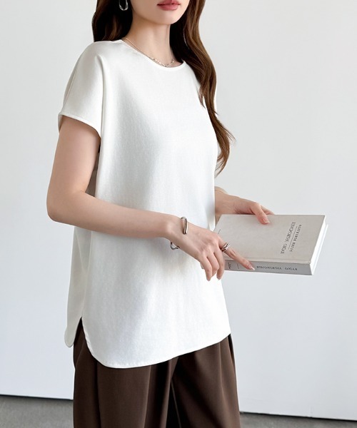 COCOMOMO（ココモモ）の「前後2WAY ハーフジップトップス ハーフジップ カットソー Tシャツ ストレッチ ジップ 半袖 フレンチスリーブ レイヤード ラウンドヘム 春服 夏服（Tシャツ/カットソー・レディース・ホワイト/ブルー/アッシュブラウン/ブラック/ライトブラウン/グレイッシュベージュ・M/L）」の9枚目の写真