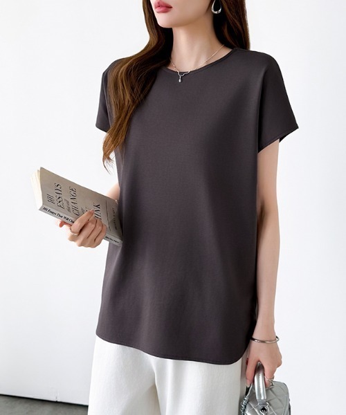 COCOMOMO（ココモモ）の「前後2WAY ハーフジップトップス ハーフジップ カットソー Tシャツ ストレッチ ジップ 半袖 フレンチスリーブ レイヤード ラウンドヘム 春服 夏服（Tシャツ/カットソー・レディース・ホワイト/ブルー/アッシュブラウン/ブラック/ライトブラウン/グレイッシュベージュ・M/L）」の14枚目の写真