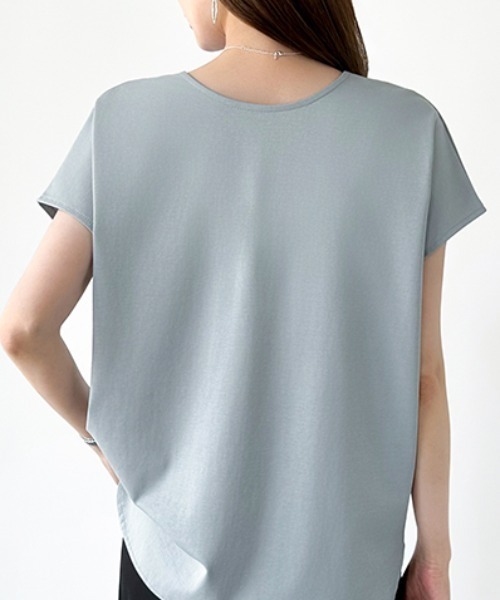 COCOMOMO（ココモモ）の「前後2WAY ハーフジップトップス ハーフジップ カットソー Tシャツ ストレッチ ジップ 半袖 フレンチスリーブ レイヤード ラウンドヘム 春服 夏服（Tシャツ/カットソー・レディース・ホワイト/ブルー/アッシュブラウン/ブラック/ライトブラウン/グレイッシュベージュ・M/L）」の17枚目の写真