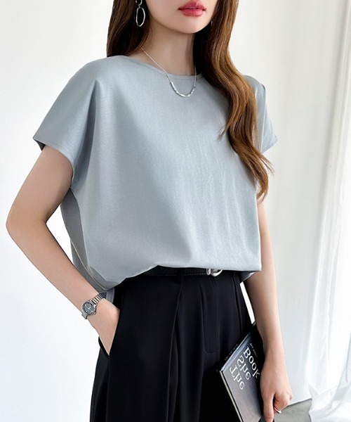 COCOMOMO（ココモモ）の「前後2WAY ハーフジップトップス ハーフジップ カットソー Tシャツ ストレッチ ジップ 半袖 フレンチスリーブ レイヤード ラウンドヘム 春服 夏服（Tシャツ/カットソー・レディース・ホワイト/ブルー/アッシュブラウン/ブラック/ライトブラウン/グレイッシュベージュ・M/L）」の21枚目の写真