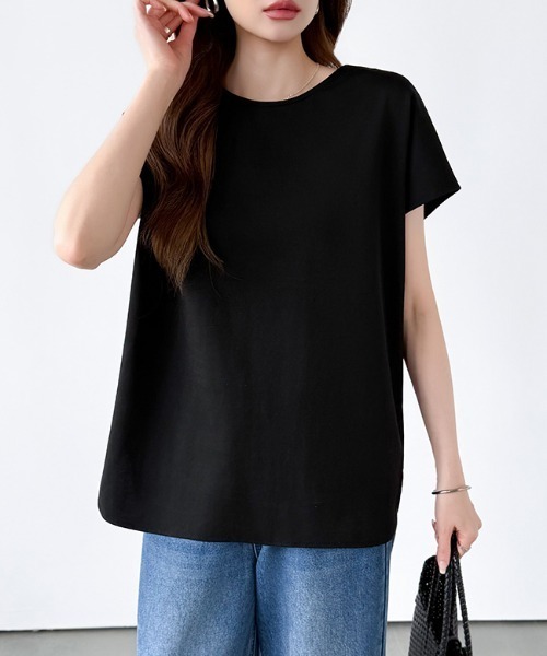 COCOMOMO（ココモモ）の「前後2WAY ハーフジップトップス ハーフジップ カットソー Tシャツ ストレッチ ジップ 半袖 フレンチスリーブ レイヤード ラウンドヘム 春服 夏服（Tシャツ/カットソー・レディース・ホワイト/ブルー/アッシュブラウン/ブラック/ライトブラウン/グレイッシュベージュ・M/L）」の11枚目の写真