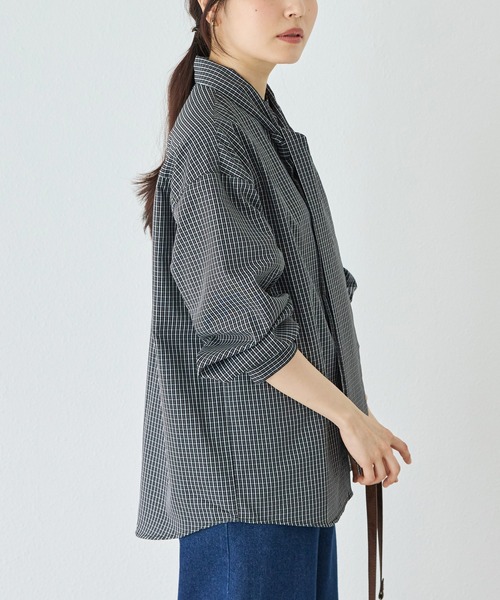LAVEANGE(ラビアンジェ)の「2WAYボウタイチェックシャツ|ボウタイ取り外し可能/バンドカラー/レイヤード/大きいサイズ(シャツ/ブラウス・レディース・ブラック/モカ・M/LL/5L/4L/3L)」の7枚目の写真