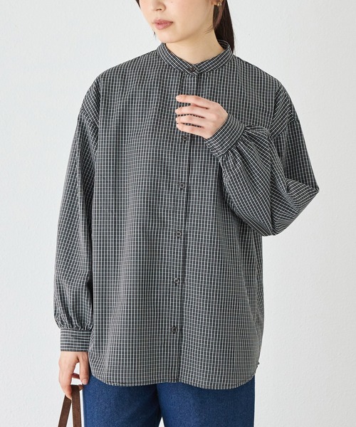 LAVEANGE(ラビアンジェ)の「2WAYボウタイチェックシャツ|ボウタイ取り外し可能/バンドカラー/レイヤード/大きいサイズ(シャツ/ブラウス・レディース・ブラック/モカ・M/LL/5L/4L/3L)」の9枚目の写真