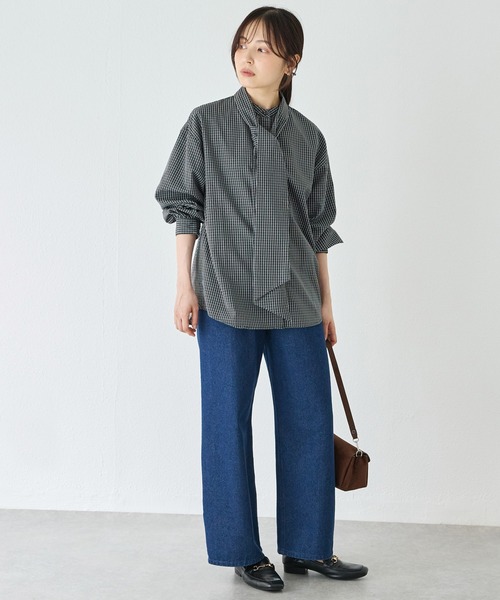 LAVEANGE(ラビアンジェ)の「2WAYボウタイチェックシャツ|ボウタイ取り外し可能/バンドカラー/レイヤード/大きいサイズ(シャツ/ブラウス・レディース・ブラック/モカ・M/LL/5L/4L/3L)」の11枚目の写真