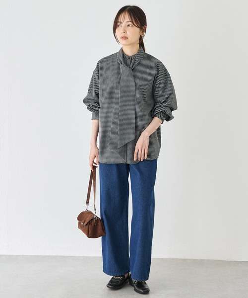 LAVEANGE(ラビアンジェ)の「2WAYボウタイチェックシャツ|ボウタイ取り外し可能/バンドカラー/レイヤード/大きいサイズ(シャツ/ブラウス・レディース・ブラック/モカ・M/LL/5L/4L/3L)」の13枚目の写真