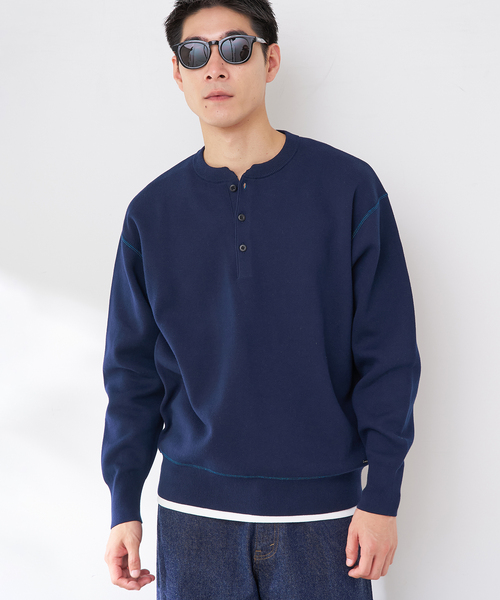 B.C STOCK（ベーセーストック）の「ANTS & ELEPHANTS 2TONE スウェットライクヘンリーネックニット（ニット/セーター・メンズ・ネイビー/ホワイト/ライトグレー/ブラック・MEDIUM/LARGE）」の4枚目の写真