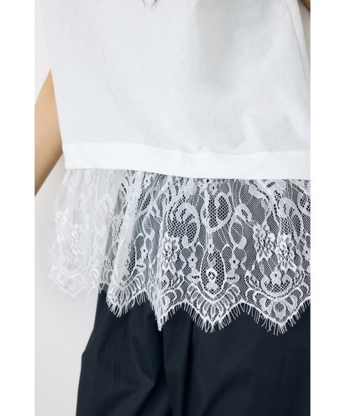AZUL by moussy(アズールバイマウジー)の「【接触冷感】ひんやり♪裾レースドッキングトップス 春服 夏服 秋服 レイヤード 体系カバー お尻まで隠れる【身長/骨格別着用画像あり】(Tシャツ/カットソー・レディース・オフホワイト/ブラウン/ブラック・FREE)」の12枚目の写真