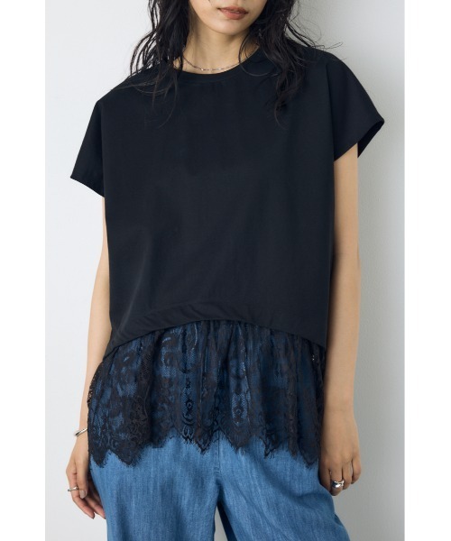 AZUL by moussy(アズールバイマウジー)の「【接触冷感】ひんやり♪裾レースドッキングトップス 春服 夏服 秋服 レイヤード 体系カバー お尻まで隠れる【身長/骨格別着用画像あり】(Tシャツ/カットソー・レディース・オフホワイト/ブラウン/ブラック・FREE)」の13枚目の写真