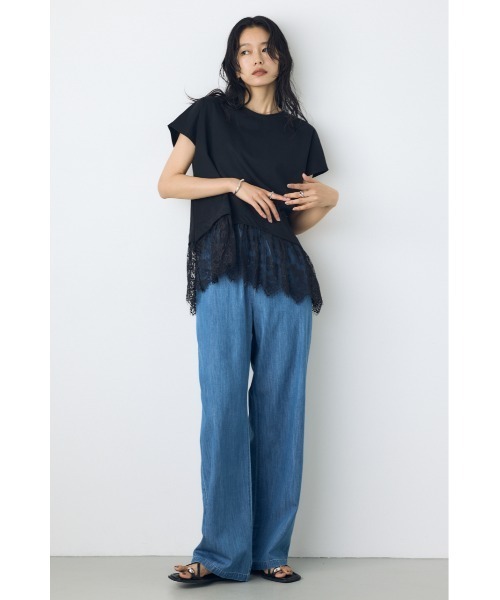 AZUL by moussy(アズールバイマウジー)の「【接触冷感】ひんやり♪裾レースドッキングトップス 春服 夏服 秋服 レイヤード 体系カバー お尻まで隠れる【身長/骨格別着用画像あり】(Tシャツ/カットソー・レディース・オフホワイト/ブラウン/ブラック・FREE)」の16枚目の写真