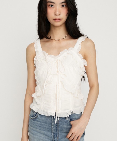 SLY(スライ)の「SHEER SQUEEZE CAMI TOPS シアースクイーズキャミトップス 夏服 秋服(キャミソール・レディース・アイボリー/マルチ・FREE)」の1枚目の写真