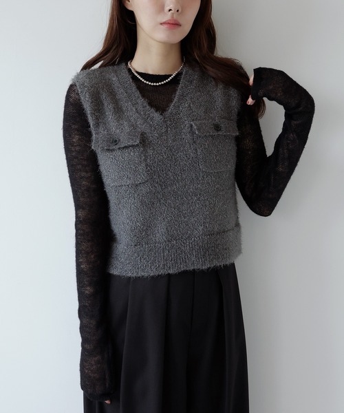 AMUU. PRECIEUSE(アムープレシューズ)の「ミックスフェザーポケットベスト(ベスト・レディース・ブラウン/ブラック/グレー・FREE)」の3枚目の写真
