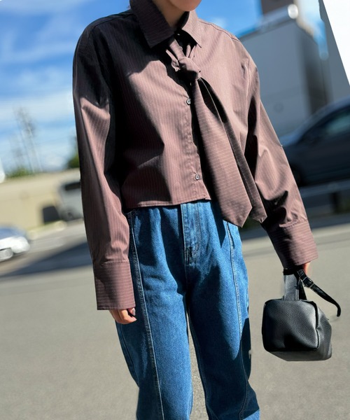 Narcissus(ナルシス)の「【Narcissus】ストライプネクタイシャツ / ショート丈 長袖 2WAY(シャツ/ブラウス・レディース・グレー/ブラウン・FREE)」の2枚目の写真