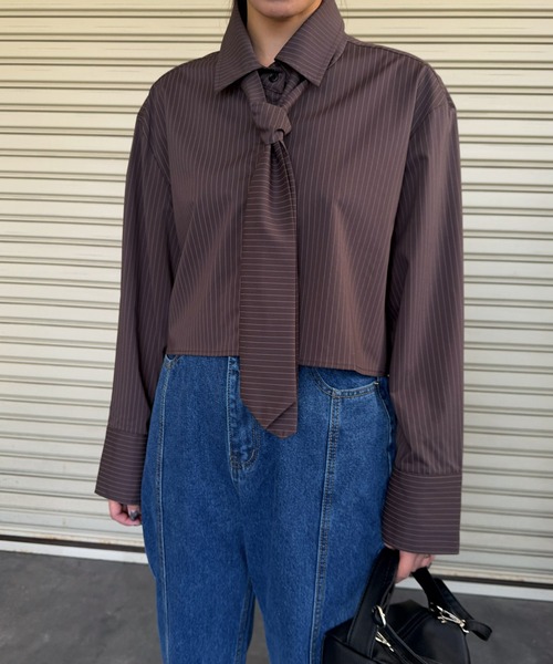 Narcissus(ナルシス)の「【Narcissus】ストライプネクタイシャツ / ショート丈 長袖 2WAY(シャツ/ブラウス・レディース・グレー/ブラウン・FREE)」の6枚目の写真