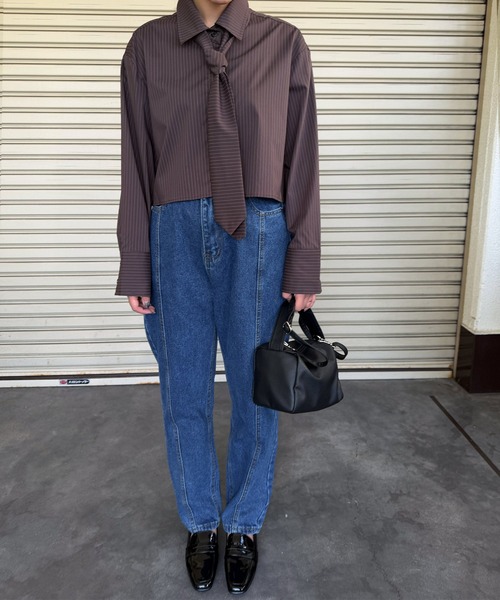 Narcissus(ナルシス)の「【Narcissus】ストライプネクタイシャツ / ショート丈 長袖 2WAY(シャツ/ブラウス・レディース・グレー/ブラウン・FREE)」の7枚目の写真