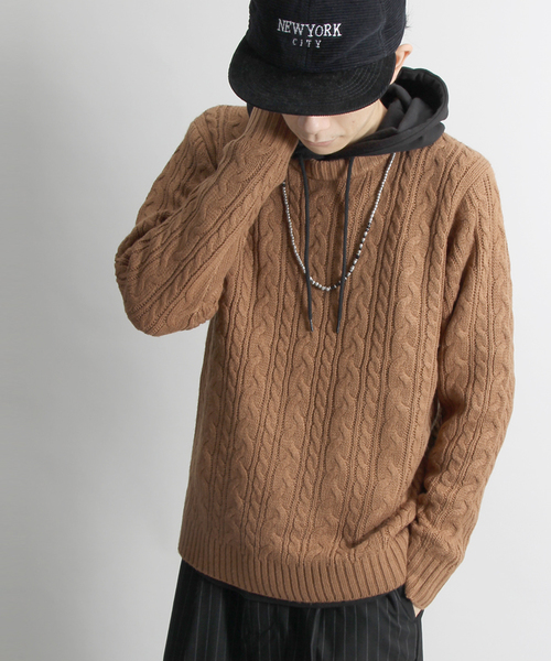 WEGO（ウィゴー）の「WEGO/ケーブルクルーネックニット（ニット/セーター・メンズ・ネイビー/ブラウン/ホワイト/ワイン/カーキ/ブラック/ブルー/グレー・SMALL/LARGE/MEDIUM）」の5枚目の写真