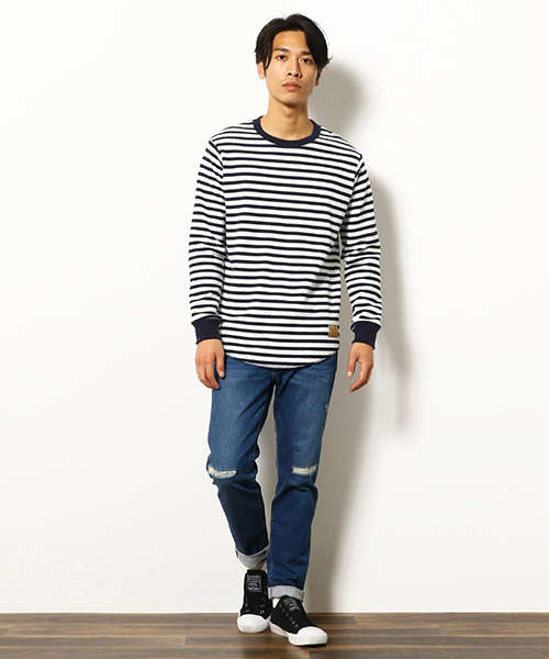 Purple&Yellow(パープルアンドイエロー)の「《裏起毛》 ワッフル ラウンドカット Tシャツ(Tシャツ/カットソー・メンズ・ホワイト/ブラック/グレー/ホワイト×ネイビー・SMALL/MEDIUM/LARGE)」の7枚目の写真