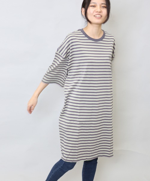 マルチボーダー5分袖ワンピース マルチボーダー5分袖ワンピース