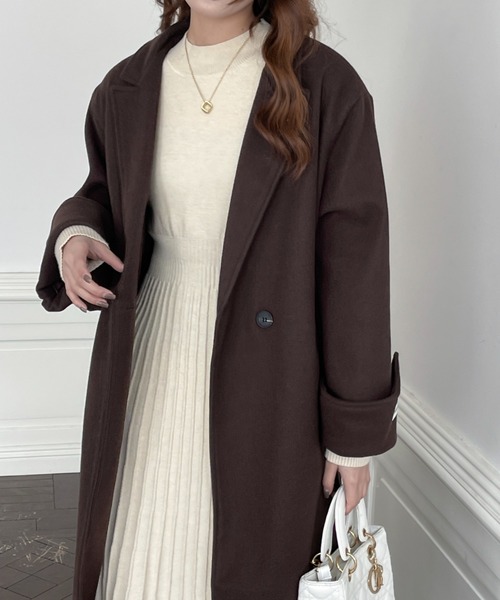 emi+（エミプラス）の「袖折り返し ロングチェスターコート（チェスターコート・レディース・モカ/ブラック/ネイビー/グリーン/ブルーグレー/キャメル/アイボリー/チャコールグレー/ベージュ/ブラウン/グレー/カーキ・L/S/M）」の7枚目の写真