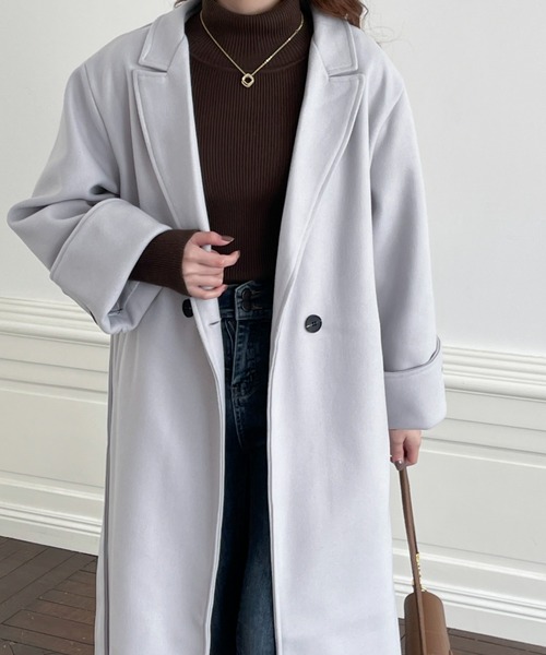 emi+（エミプラス）の「袖折り返し ロングチェスターコート（チェスターコート・レディース・モカ/ブラック/ネイビー/グリーン/ブルーグレー/キャメル/アイボリー/チャコールグレー/ベージュ/ブラウン/グレー/カーキ・L/S/M）」の5枚目の写真