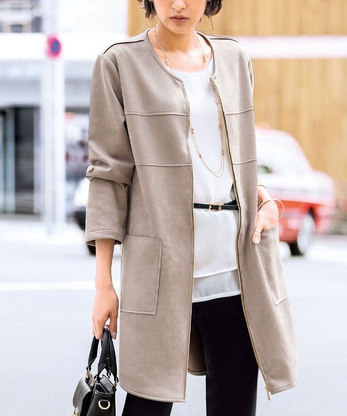 スエード調素材切替ロングジャケット ノーカラージャケット Belluna Plus ベルーナ のファッション通販 Zozotown