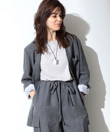 Demi-Luxe BEAMS ノーカラーリネンジャケット グレー Demi-Luxe BEAMS ジャケット ノーカラージャケット トリアセ