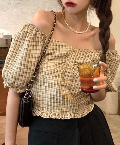 SPIGA(スピーガ)の「キャンディスリーブチェック柄ブラウス(シャツ/ブラウス・レディース・ベージュ/ブルー/グリーン・FREE)」の2枚目の写真